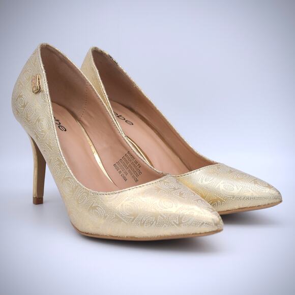 Bebe Saydee Logo Pumps Heels 7.5 Gold Vegan Pointy Toe Shoes Stiletto Classic - Picture 6 of 7